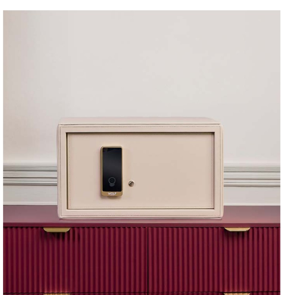 WOLF Bella Den Jewellery Safe in bone, shown open with its removable jewellery trays